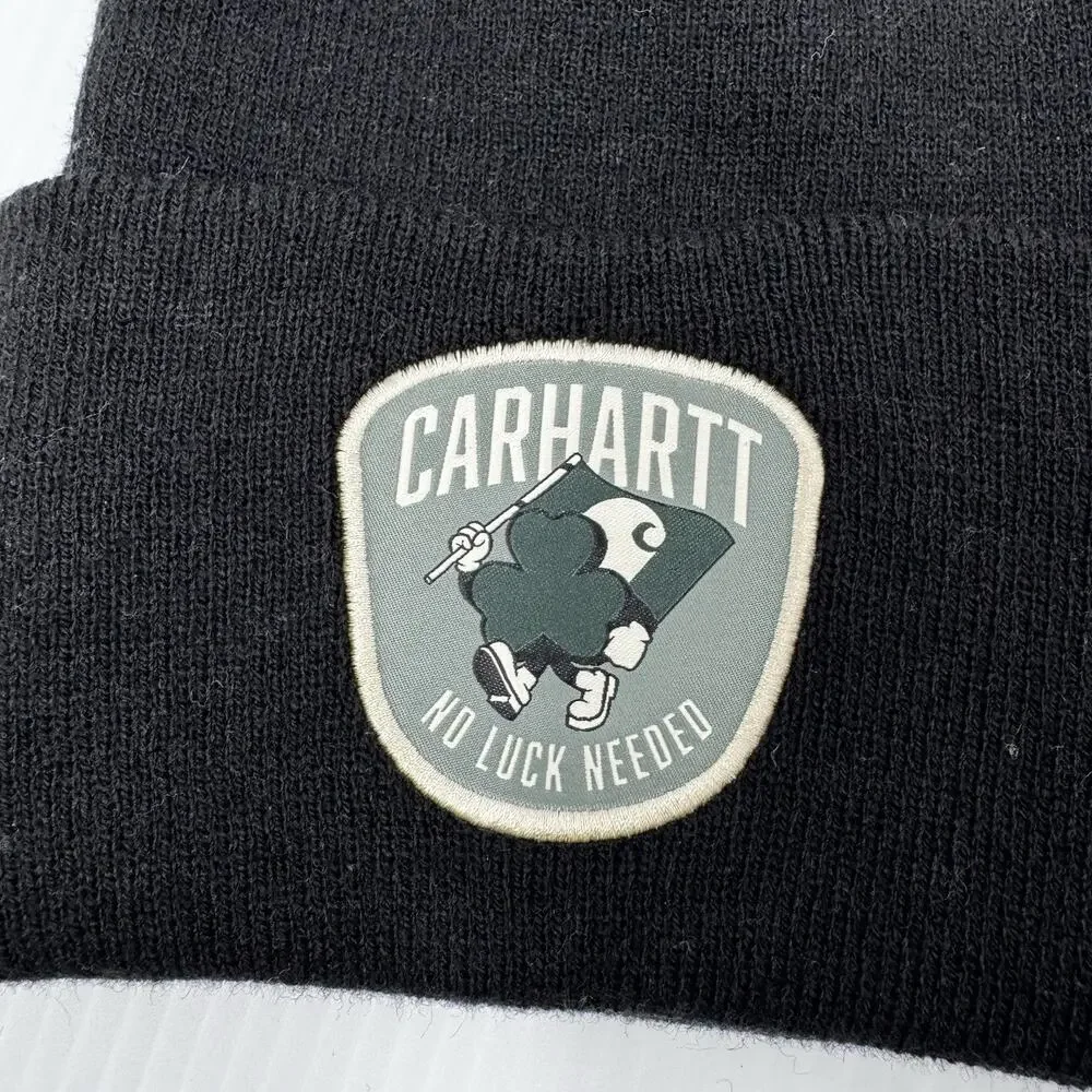 Carhartt Knit Black Beanie Shamrock Patch No Luck Needed Sock Hat NWT OSFM